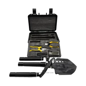 بیلچه چندکاره تاکتیکی مدل Survival Pro Kit به همراه چراغ‌قوه، چاقو ، ابزار دستی و کیف ضدضربه