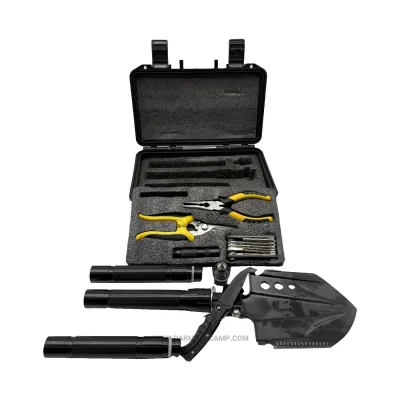 بیلچه چندکاره تاکتیکی مدل Survival Pro Kit به همراه چراغ‌قوه، چاقو ، ابزار دستی و کیف ضدضربه