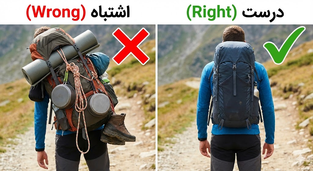 مقایسه بستن صحیح و غلط کوله پشتی کوهنوردی.