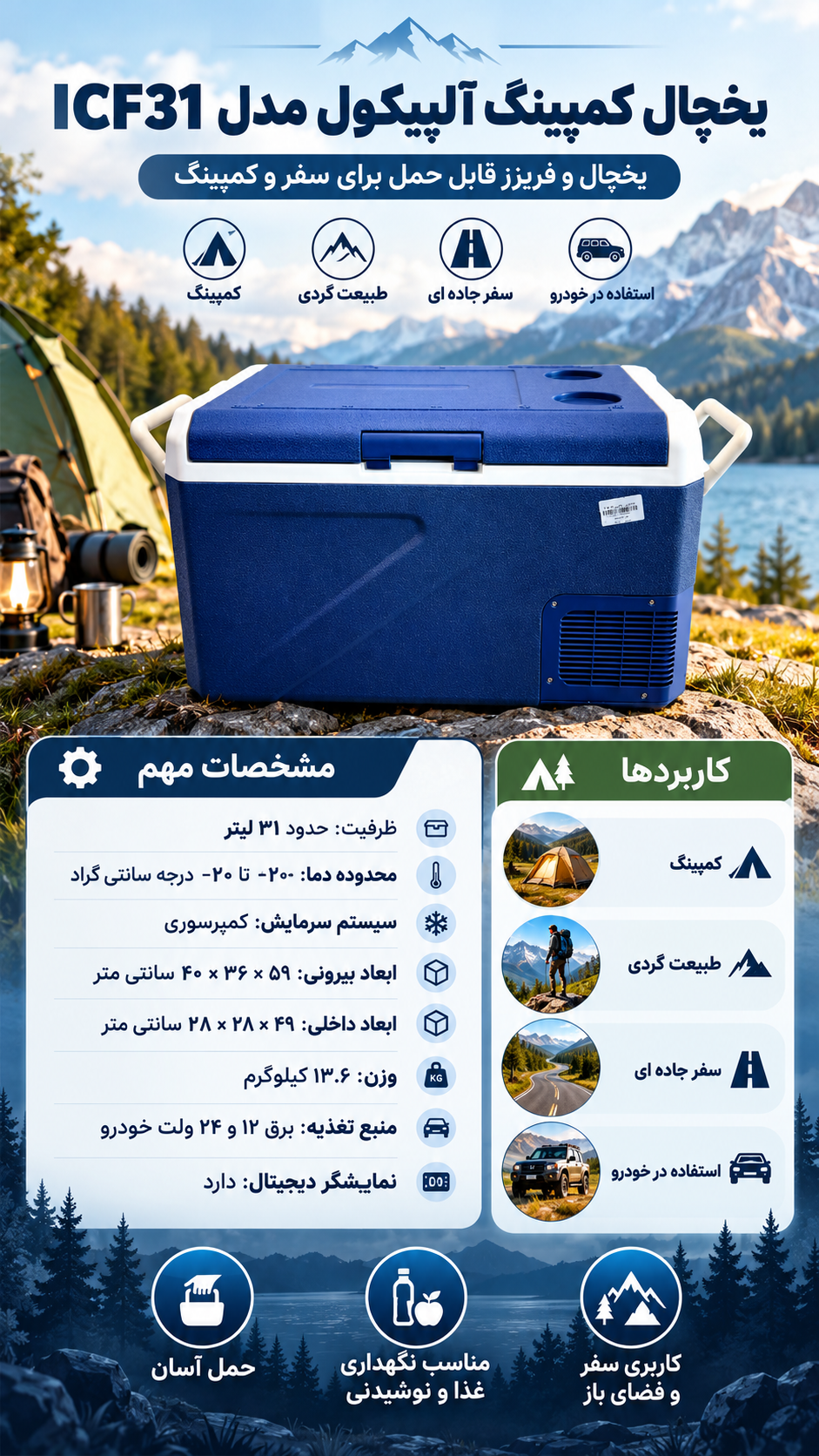 یخچال فریزر کمپینگ آلپیکول مدل ICF31 ظرفیت حدود ۳۱ لیتر